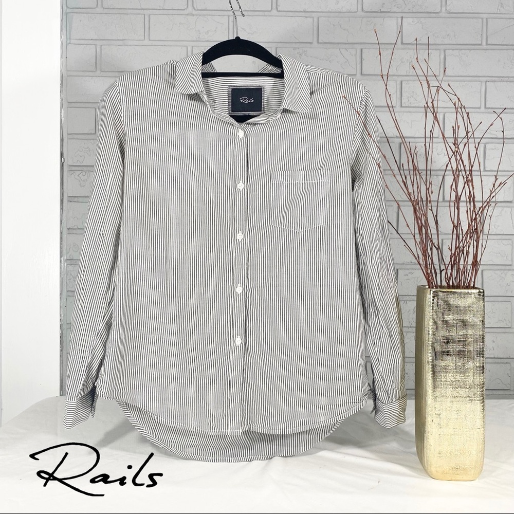 Rails Ellis Long Sleeve Cotton Button Up Shirt White Gray Pinstripe Size Small